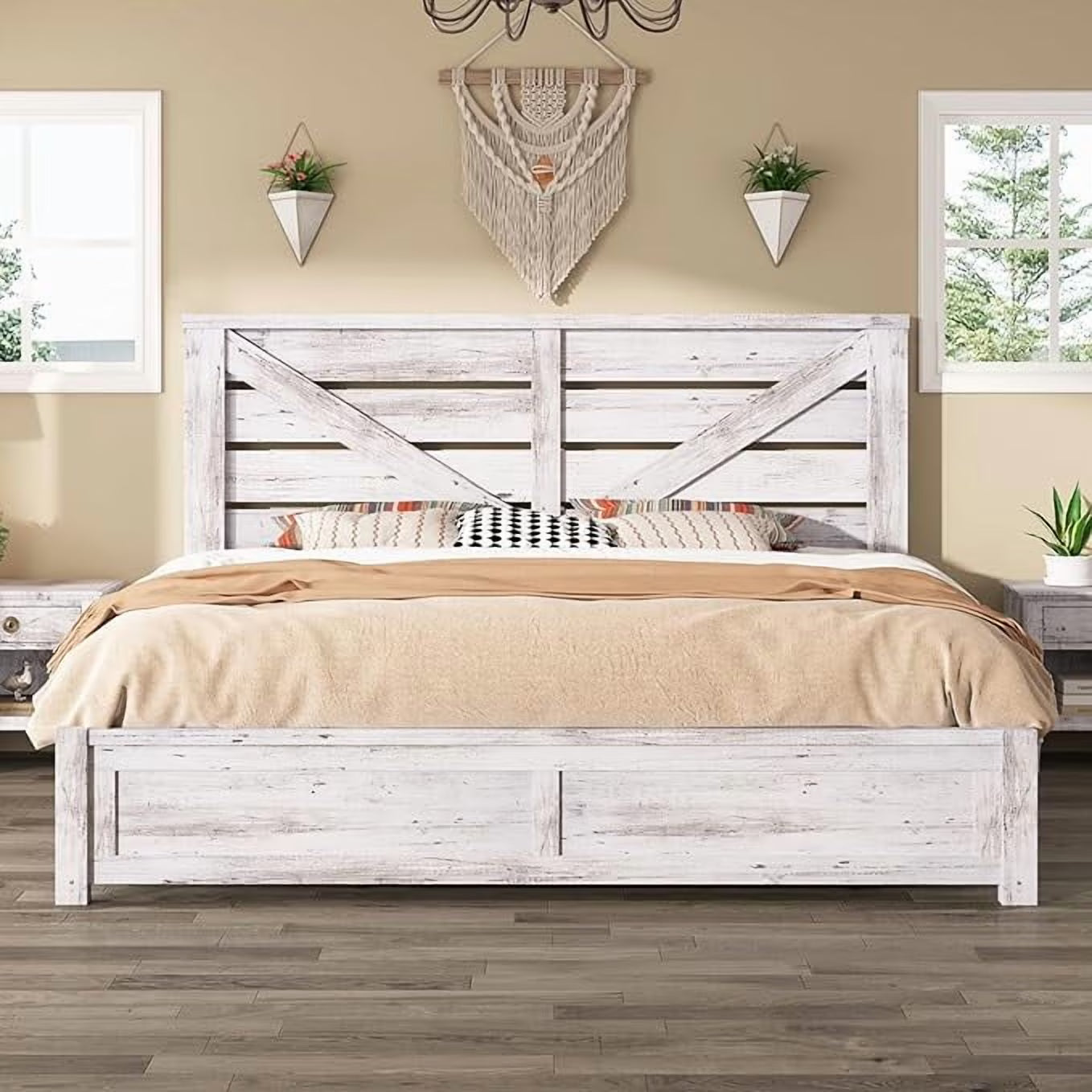 Merluxy Farmhouse Bed Frame with Barn Door Headboard, Platform Bed Frame with Wood Slats, Under Bed Storage Space