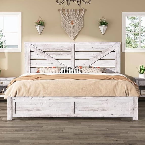 Merluxy Farmhouse Bed Frame with Barn Door Headboard, Platform Bed Frame with Wood Slats, Under Bed Storage Space