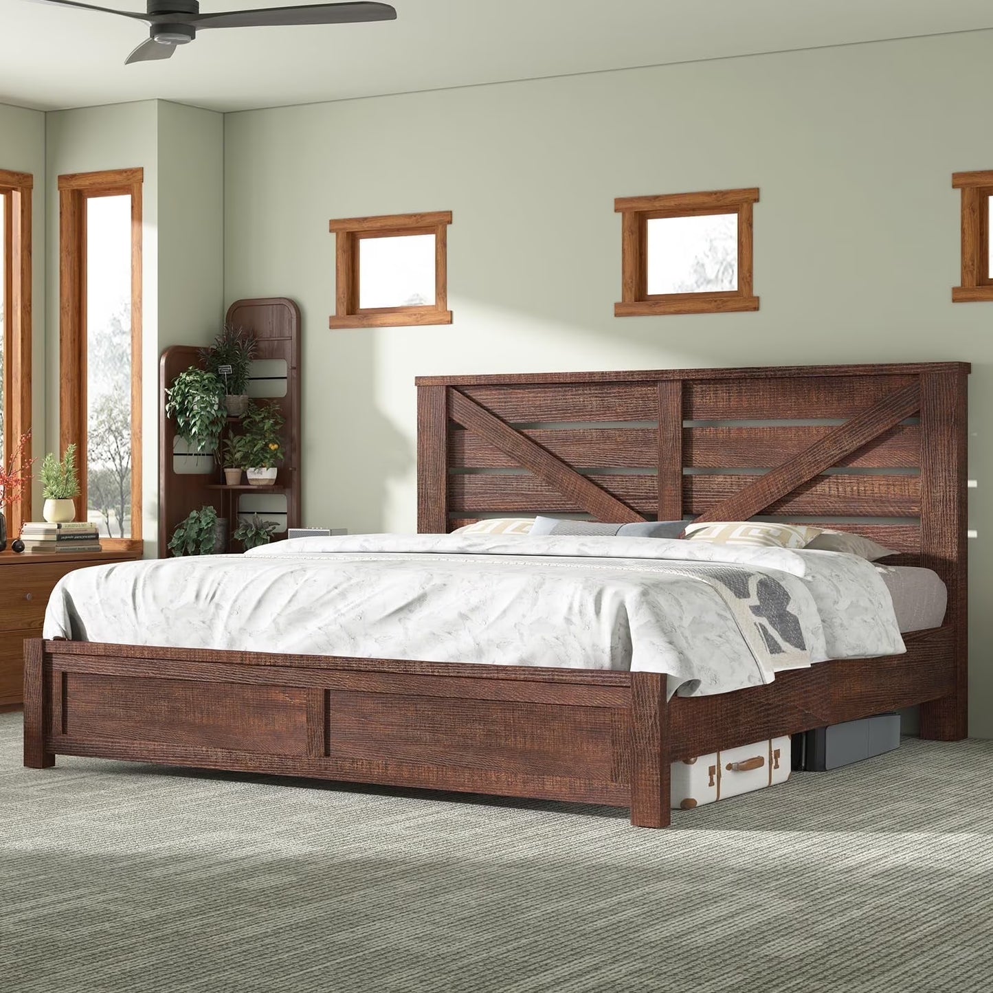 Merluxy Farmhouse Bed Frame with Barn Door Headboard, Platform Bed Frame with Wood Slats, Under Bed Storage Space
