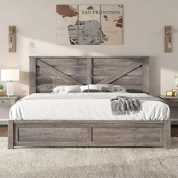 Merluxy Farmhouse Bed Frame with Barn Door Headboard, Platform Bed Frame with Wood Slats, Under Bed Storage Space
