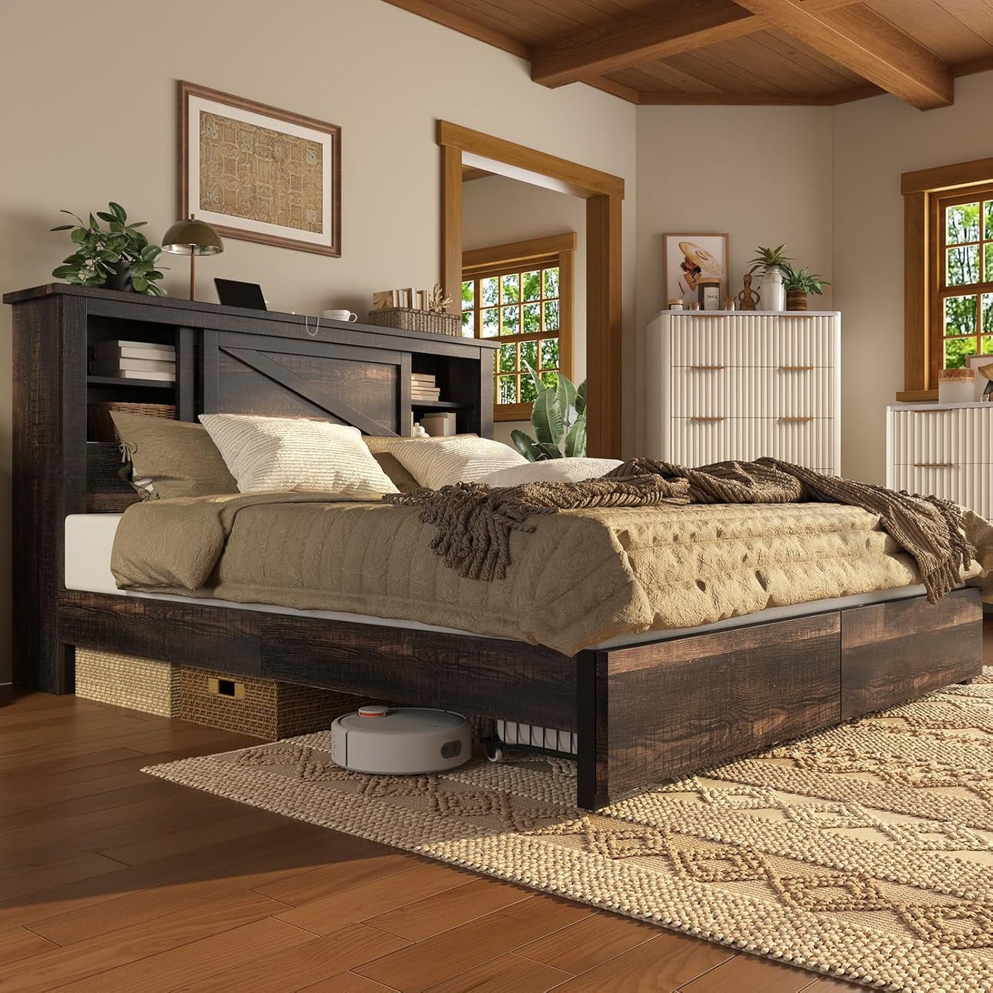 Merluxy  Farmhouse Bed Frame with Bookcase Headboard and Charging Station