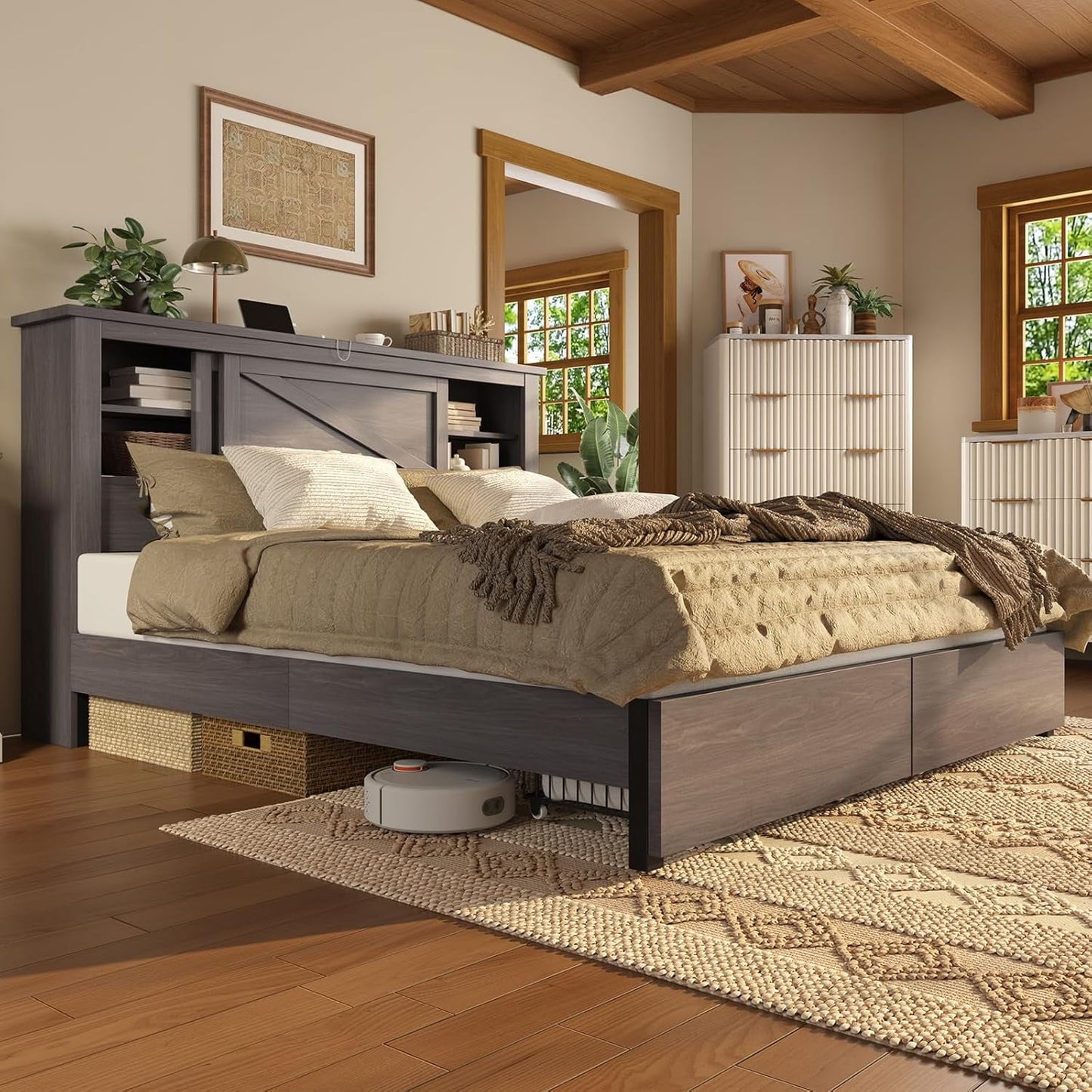 Merluxy  Farmhouse Bed Frame with Bookcase Headboard and Charging Station