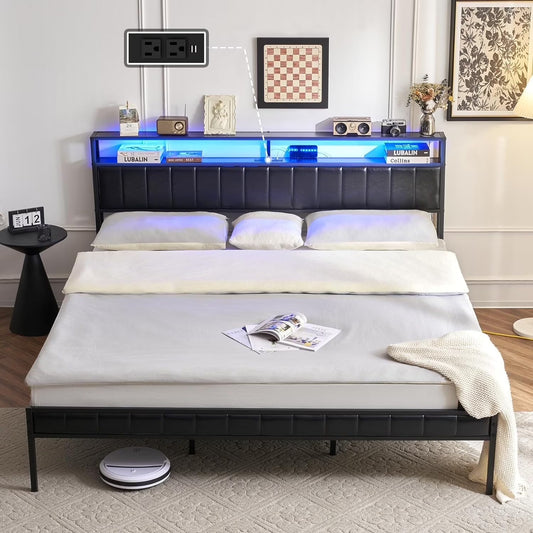 Merluxy Frame, LED Light, PU Leather Headboard, Charging Station, 2-Tier Storage Headboard,No Box Spring Needed,Noise Free,Adult