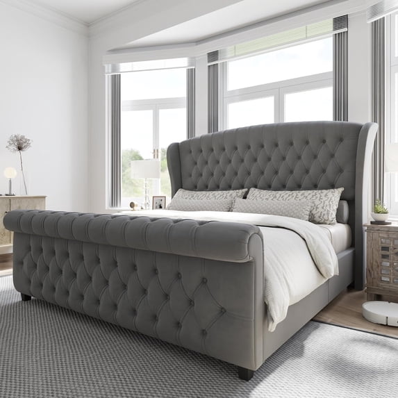 Merluxy Platform Bed Frame, Velvet Upholstered Sleigh Bed with Scroll Wingback Headboard & Footboard/Button Tufted