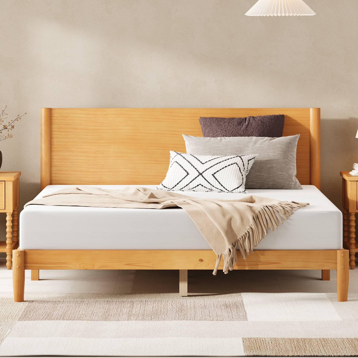 Merluxy Solid Wood Bed Frame, Mid Century Modern Bed with Full Panel Headboard, Under-Bed Storage