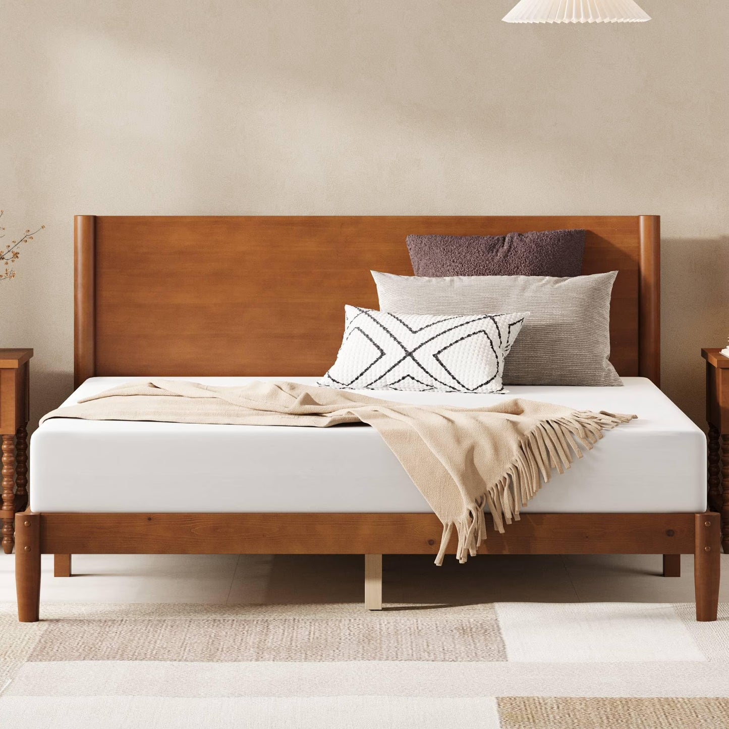 Merluxy Solid Wood Bed Frame, Mid Century Modern Bed with Full Panel Headboard, Under-Bed Storage