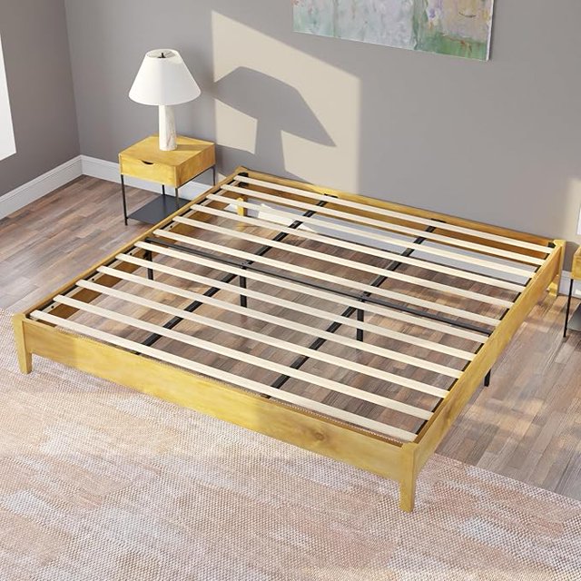 Solid Wood Bed Frame, Mid Century Platform Bed with No Headboard, Wood Slat Support/No Box Spring Needed/Noise Free