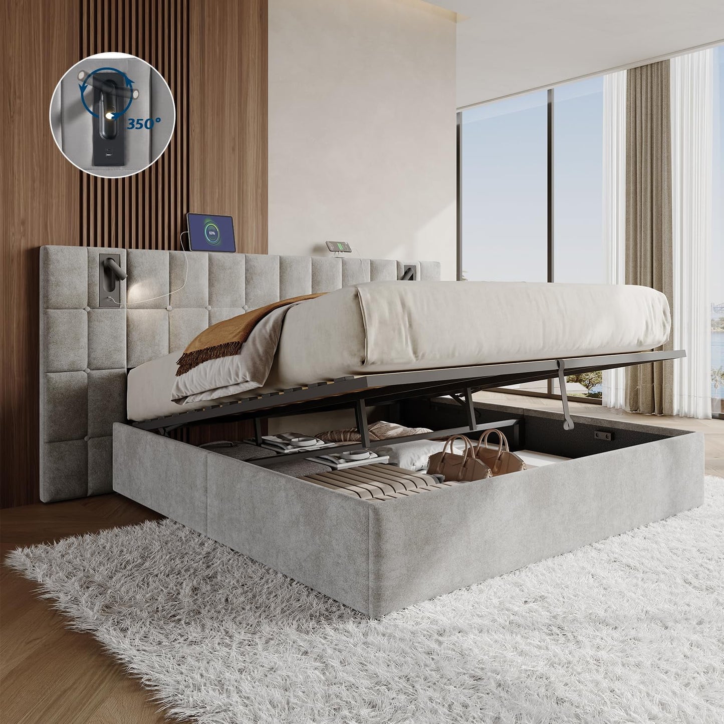 Merluxy Upholstered Bed Frame with Widened Headboard,Lift-Up Storage Bed and Built-In Reading Light, Velvet Platform Frame