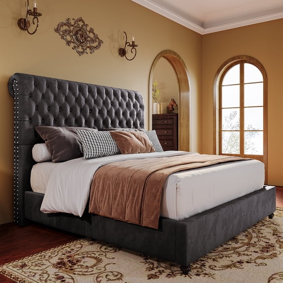 Merluxy Upholstered Bed Frame Velvet Tufted Sleigh Headboard