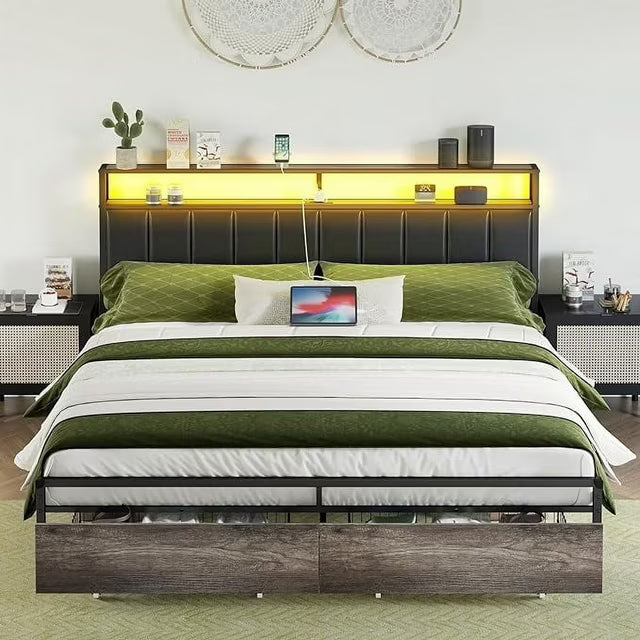 Merluxy LED Bed Frame with Drawers, Platform Bed Frame with 2-Tier Storage & Leather Upholstered & Charging Station Headboard, No Box Spring Needed, Noise Free, Easy Assembly