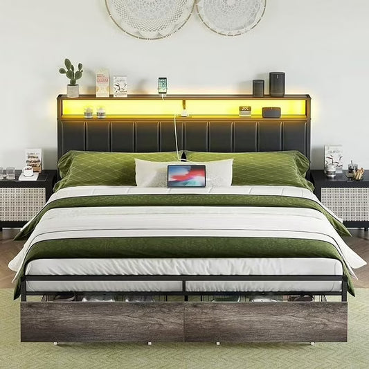 Merluxy LED Bed Frame with Drawers, Platform Bed Frame with 2-Tier Storage & Leather Upholstered & Charging Station Headboard, No Box Spring Needed, Noise Free, Easy Assembly