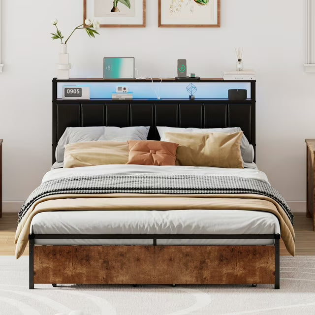 Merluxy LED Bed Frame with Drawers, Platform Bed Frame with 2-Tier Storage & Leather Upholstered & Charging Station Headboard, No Box Spring Needed, Noise Free, Easy Assembly