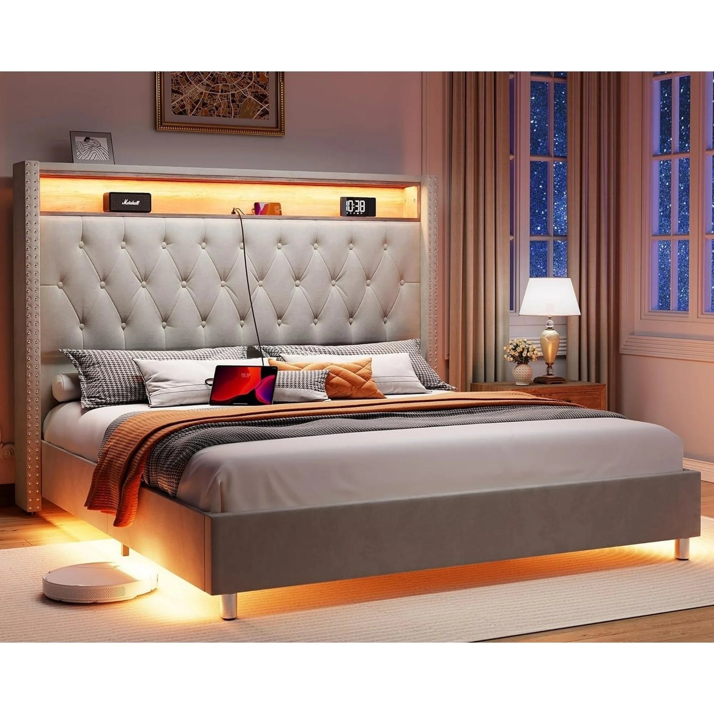Merluxy LED Bed Frame with Charging Station Upholstered Bed Frame with Headboard Storage Motion Activated Night Light, No Box Spring Needed