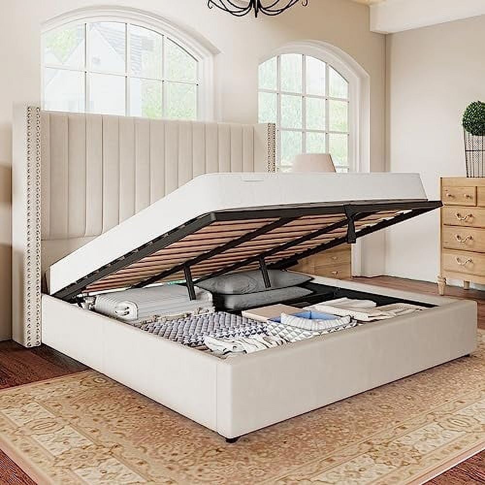 Merluxy Lift up Bed Frame and Headboard Upholstered Wingback Bed