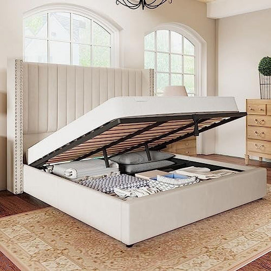 Merluxy Lift up Bed Frame and Headboard Upholstered Wingback Bed