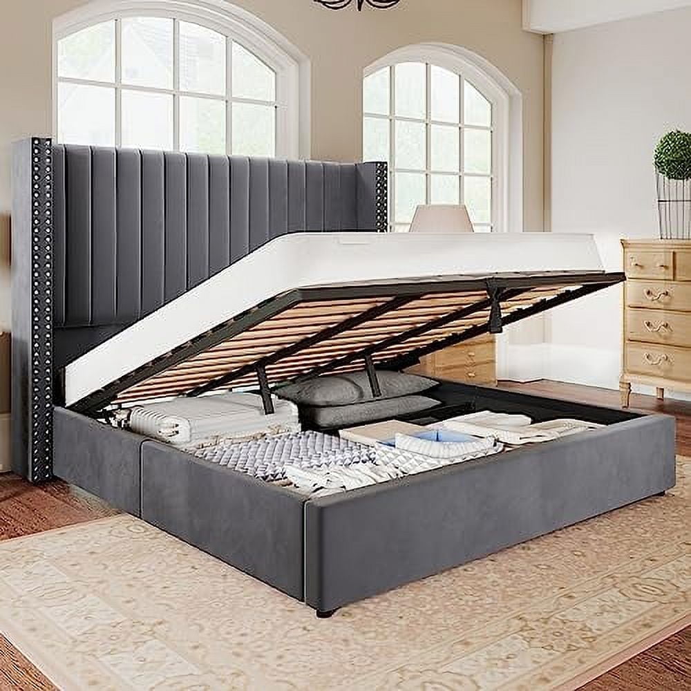 Merluxy Lift up Bed Frame and Headboard Upholstered Wingback Bed