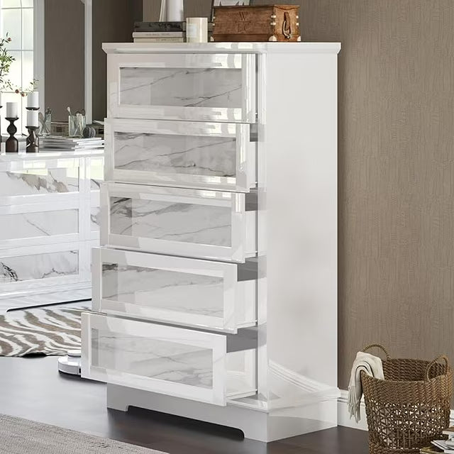 Merluxy Luxury 49.2" H High-Gloss 5 Drawer Dresser, Natural Marble Chest of Drawers No Handles for Bedroom, Living Room, Modern