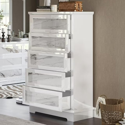 Merluxy Luxury 49.2" H High-Gloss 5 Drawer Dresser, Natural Marble Chest of Drawers No Handles for Bedroom, Living Room, Modern