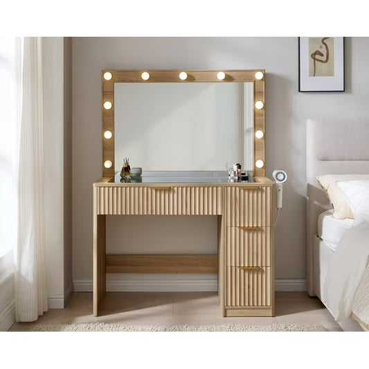 Merluxy Fluted Vanity Desk with Large Mirror and LED Lights, 4 Drawers Makeup Table with Glass Top and Charging Station for Women and Girls