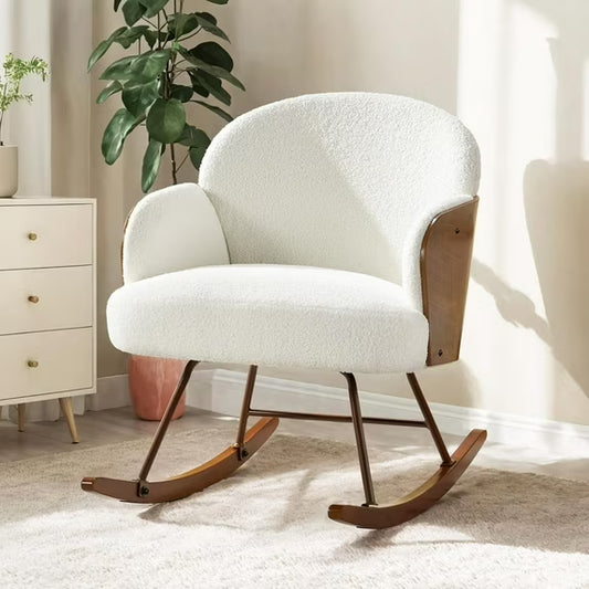 Merluxy Nursery Rocking Chair for Living Room,Bentwood Frame and Teddy Upholstered,White