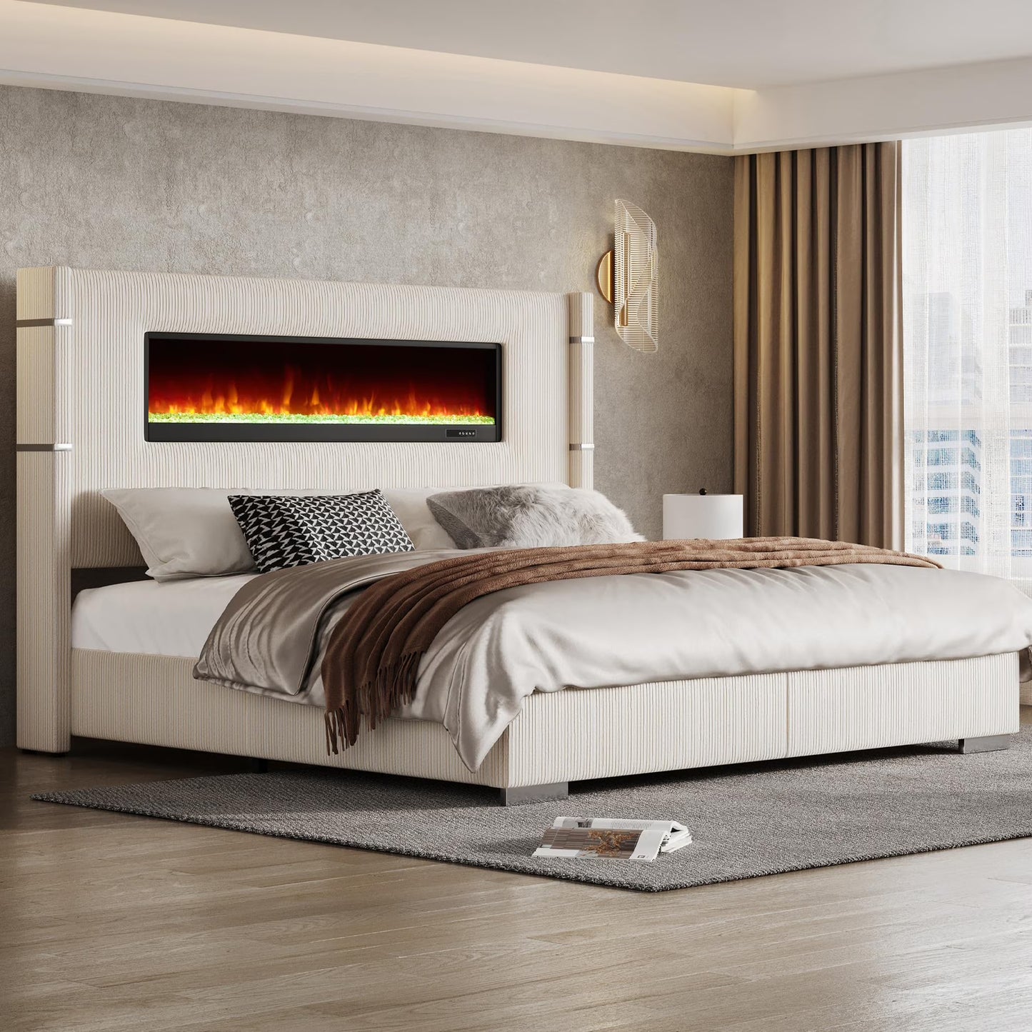 Merluxy Modern Bed Frame with Fireplace and Tall Headboard, Cream Wingback Platform