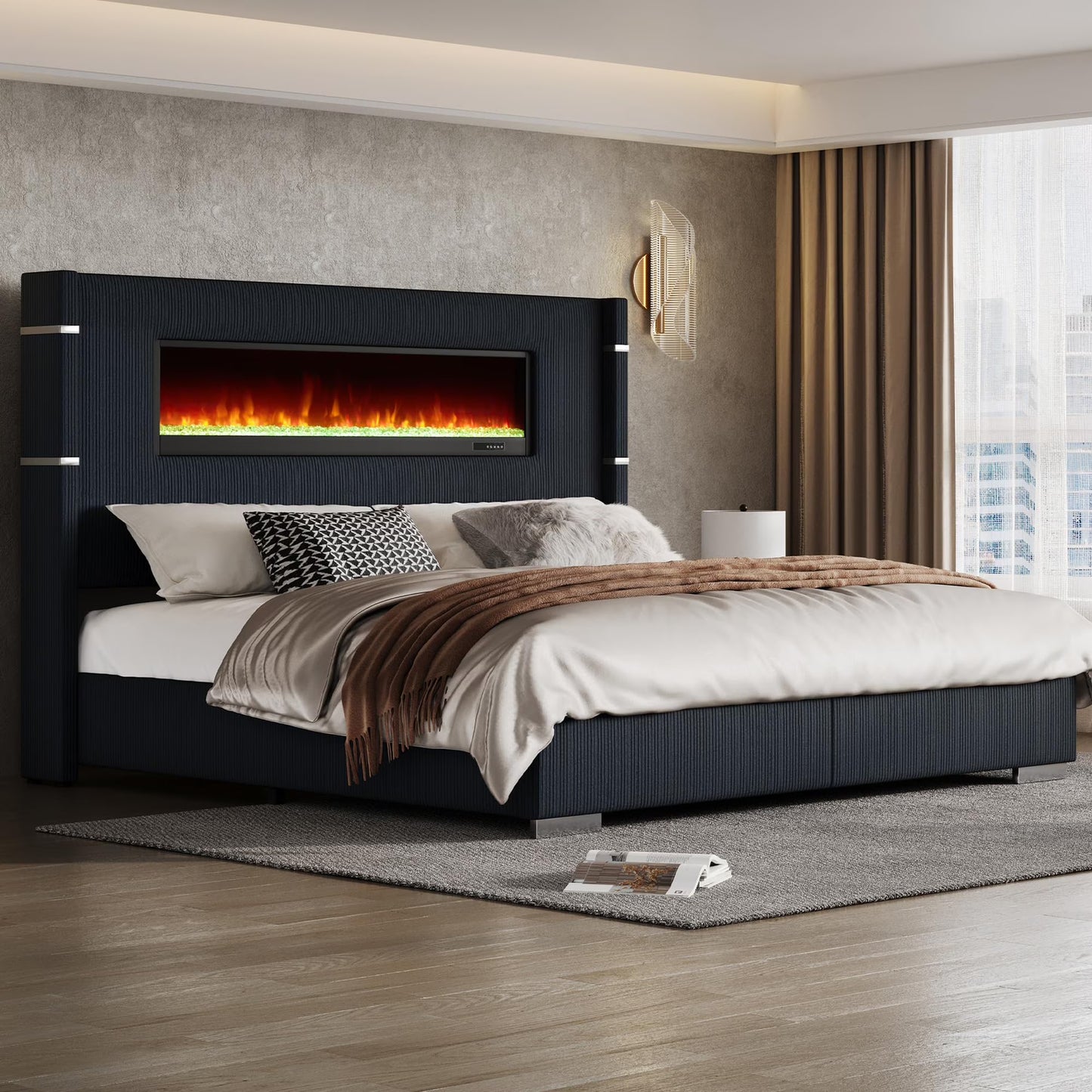 Merluxy Modern Bed Frame with Fireplace and Tall Headboard, Cream Wingback Platform