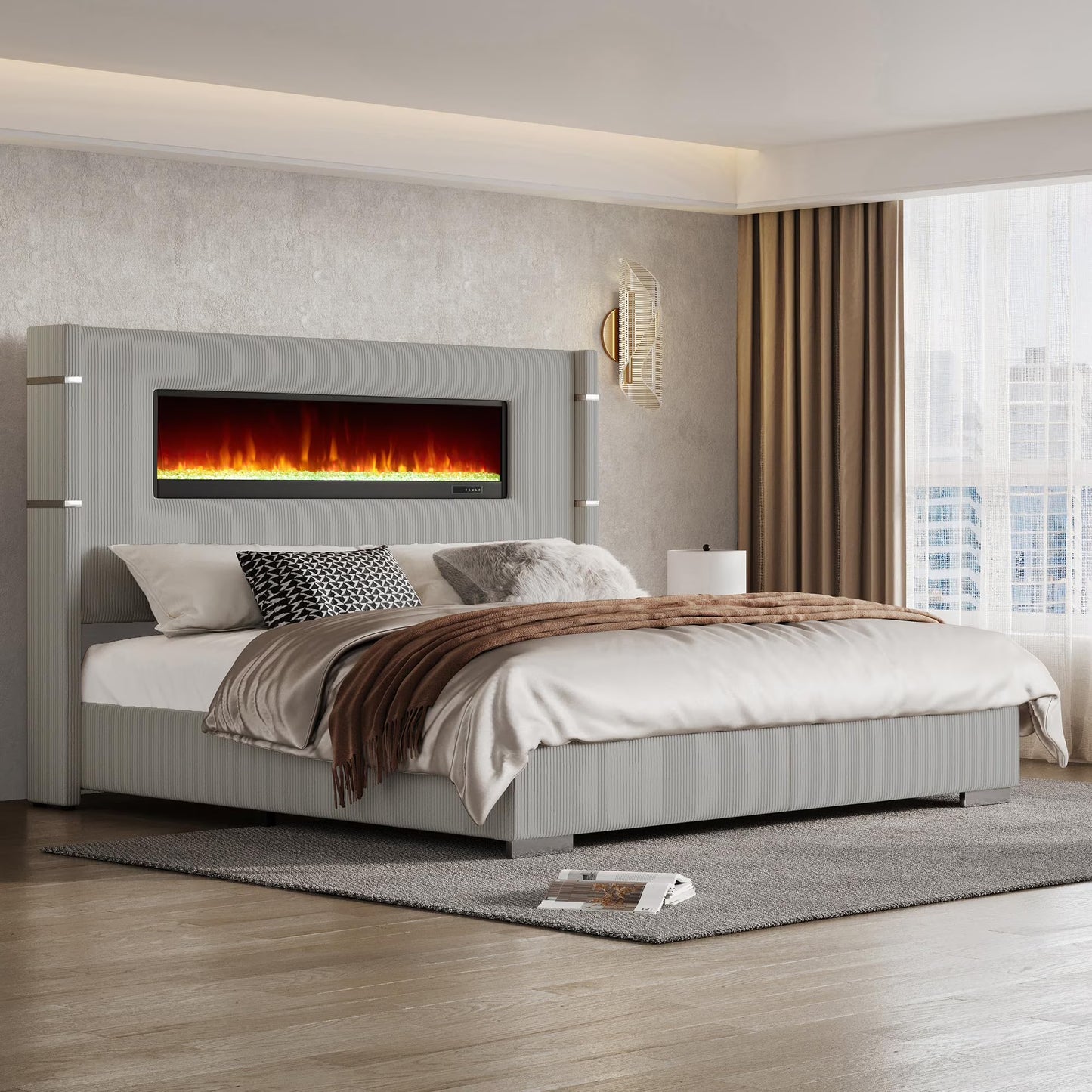 Merluxy Modern Bed Frame with Fireplace and Tall Headboard, Cream Wingback Platform