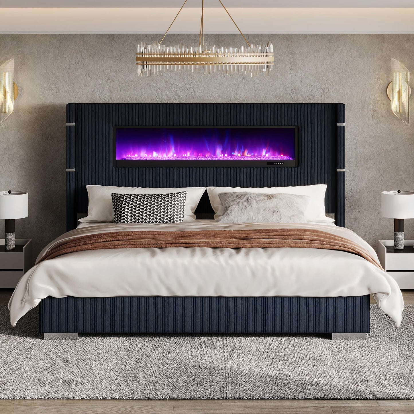Merluxy Modern Bed Frame with Fireplace and Tall Headboard, Cream Wingback Platform