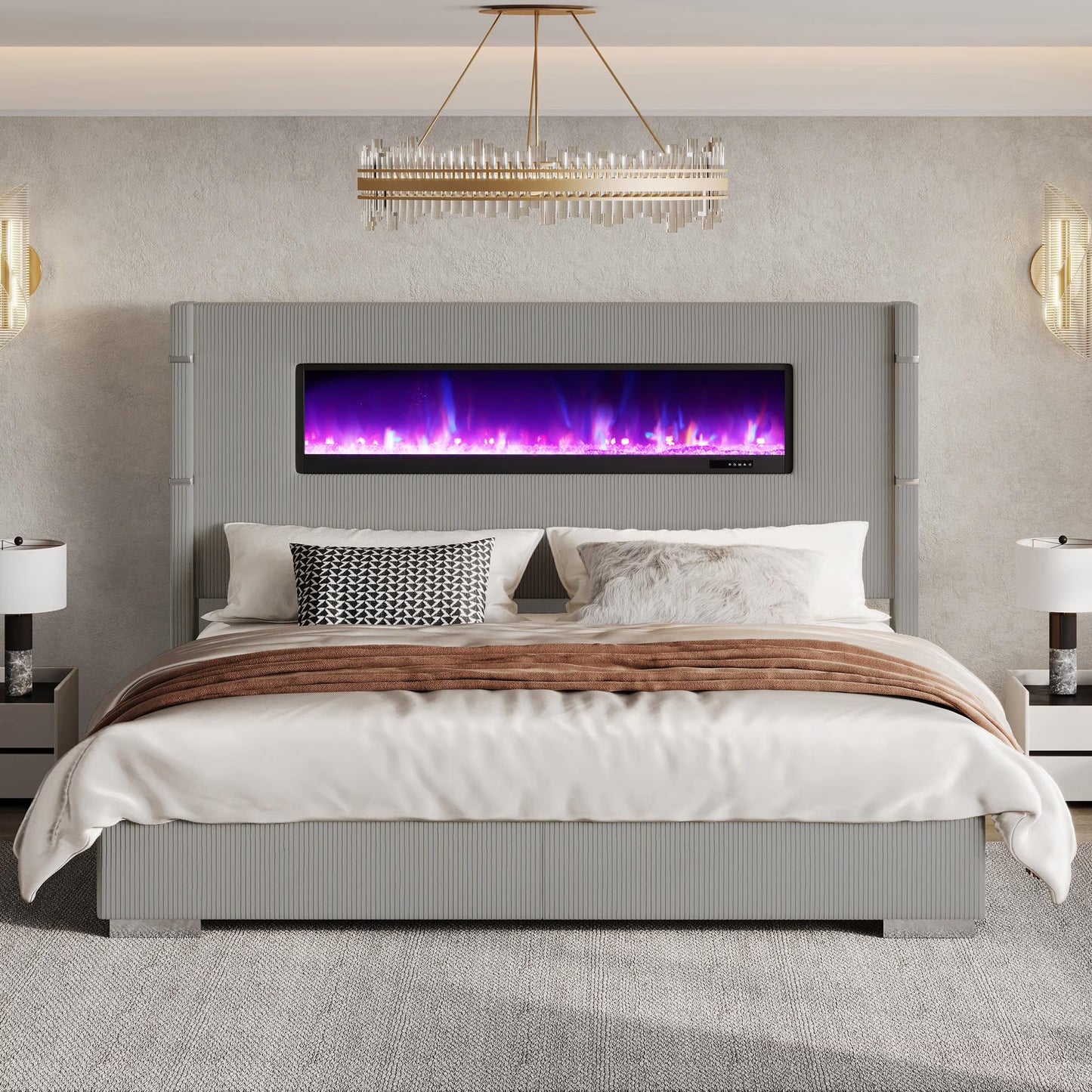 Merluxy Modern Bed Frame with Fireplace and Tall Headboard, Cream Wingback Platform