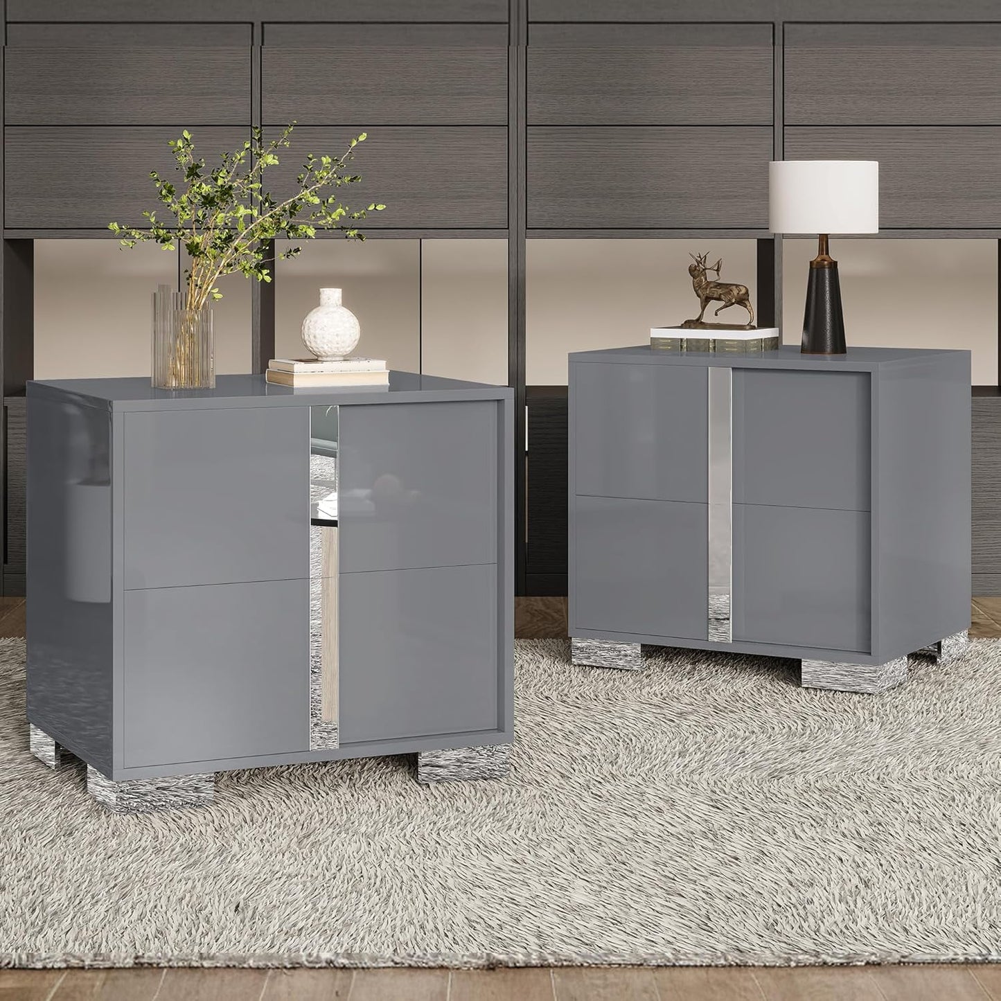 VANACC Nightstand with Drawers & High Gloss UV Finish,Storage End Tables for Bedroom