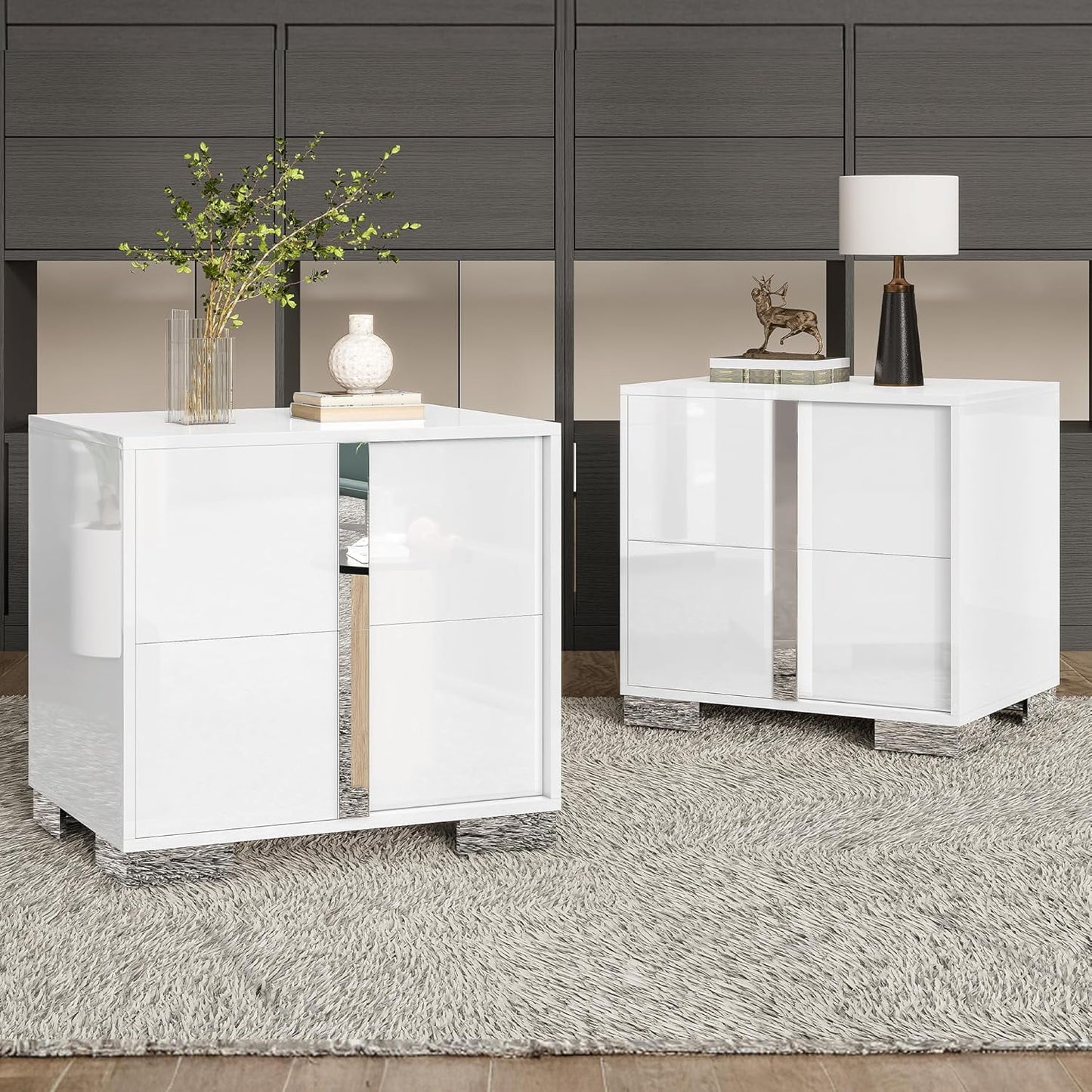 VANACC Nightstand with Drawers & High Gloss UV Finish,Storage End Tables for Bedroom