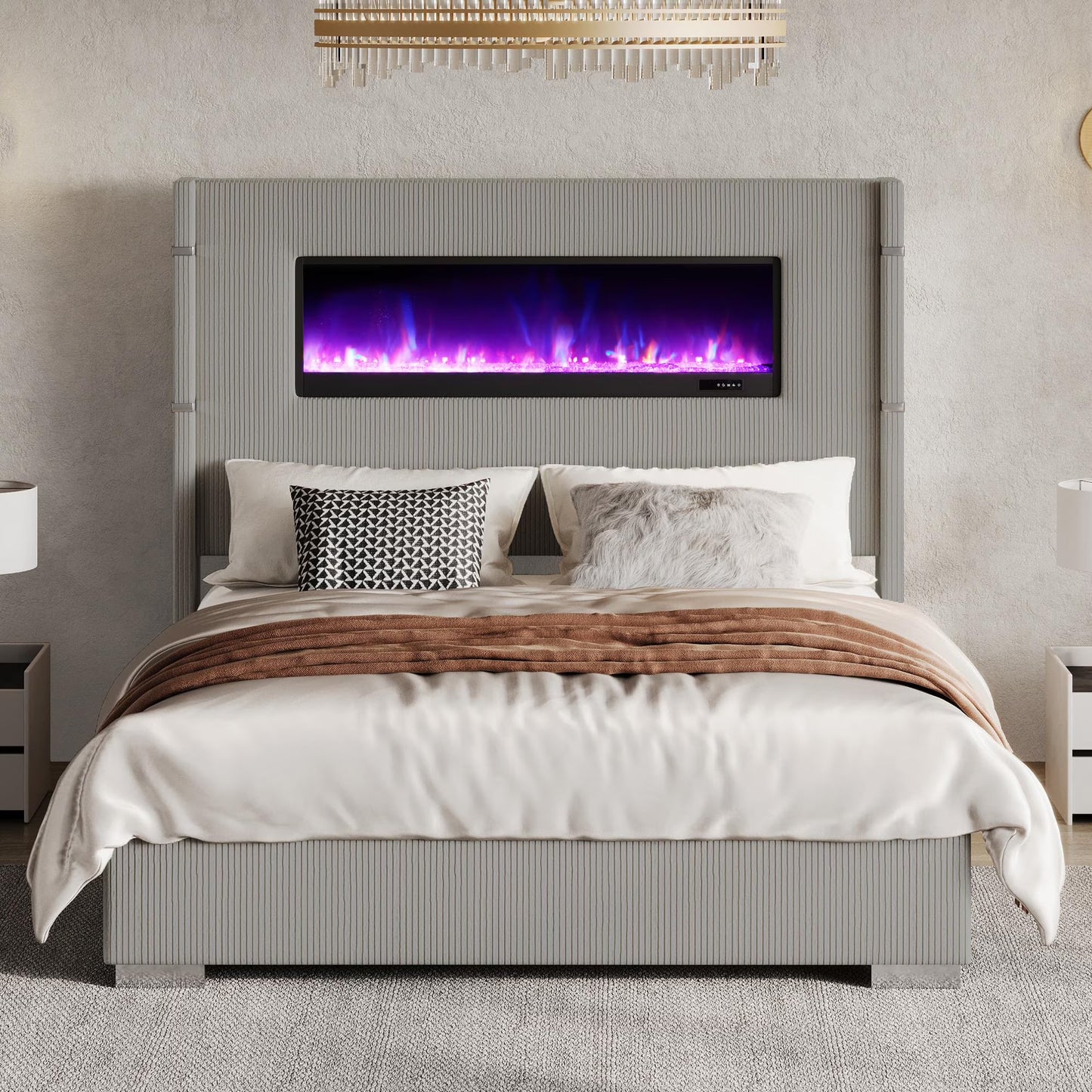 Merluxy Modern Bed Frame with Fireplace and Tall Headboard, Cream Wingback Platform