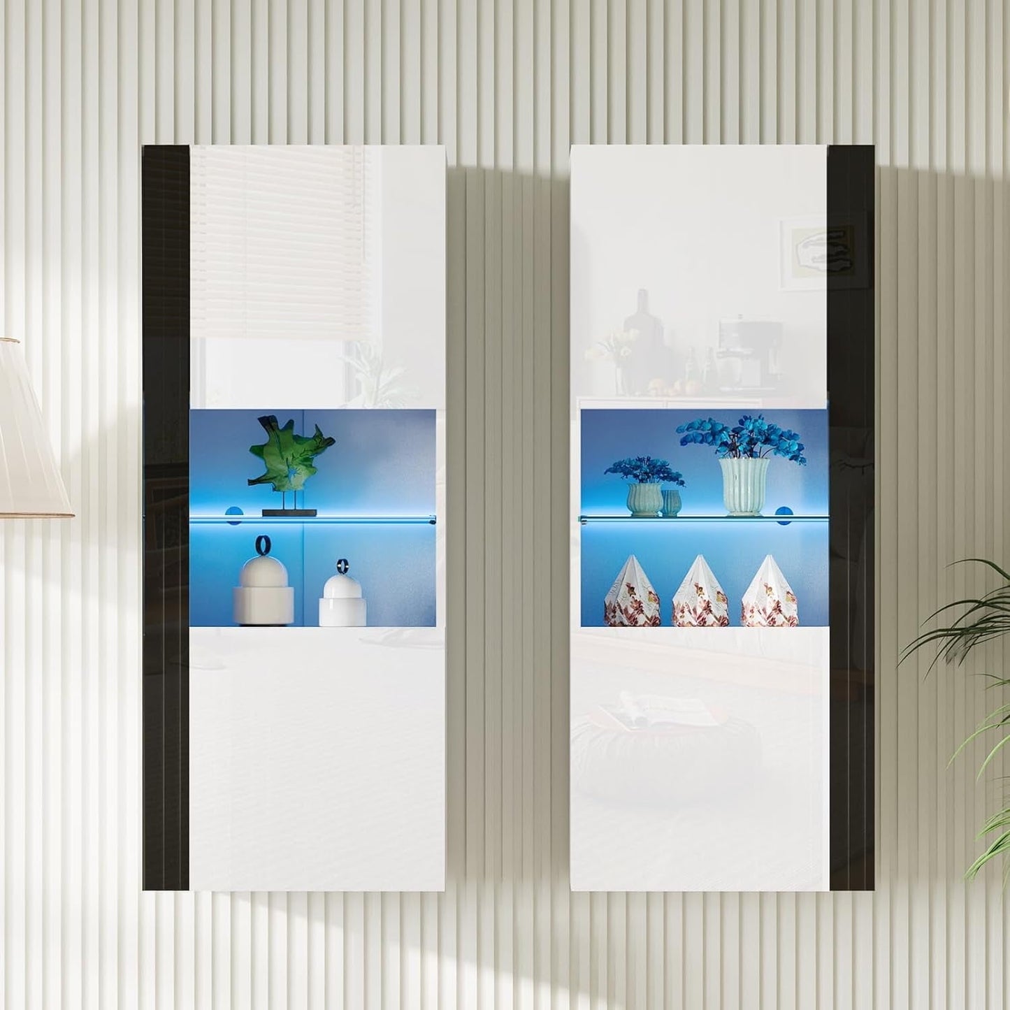 Merluxy Modern Wall Storage Cabinets with LED Lights, Hanging Cabinets with Closed Doors & Open Shelves