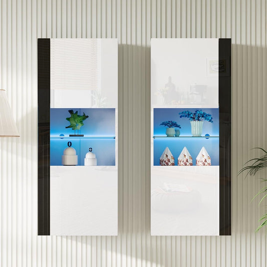 Merluxy Modern Wall Storage Cabinets with LED Lights, Hanging Cabinets with Closed Doors & Open Shelves