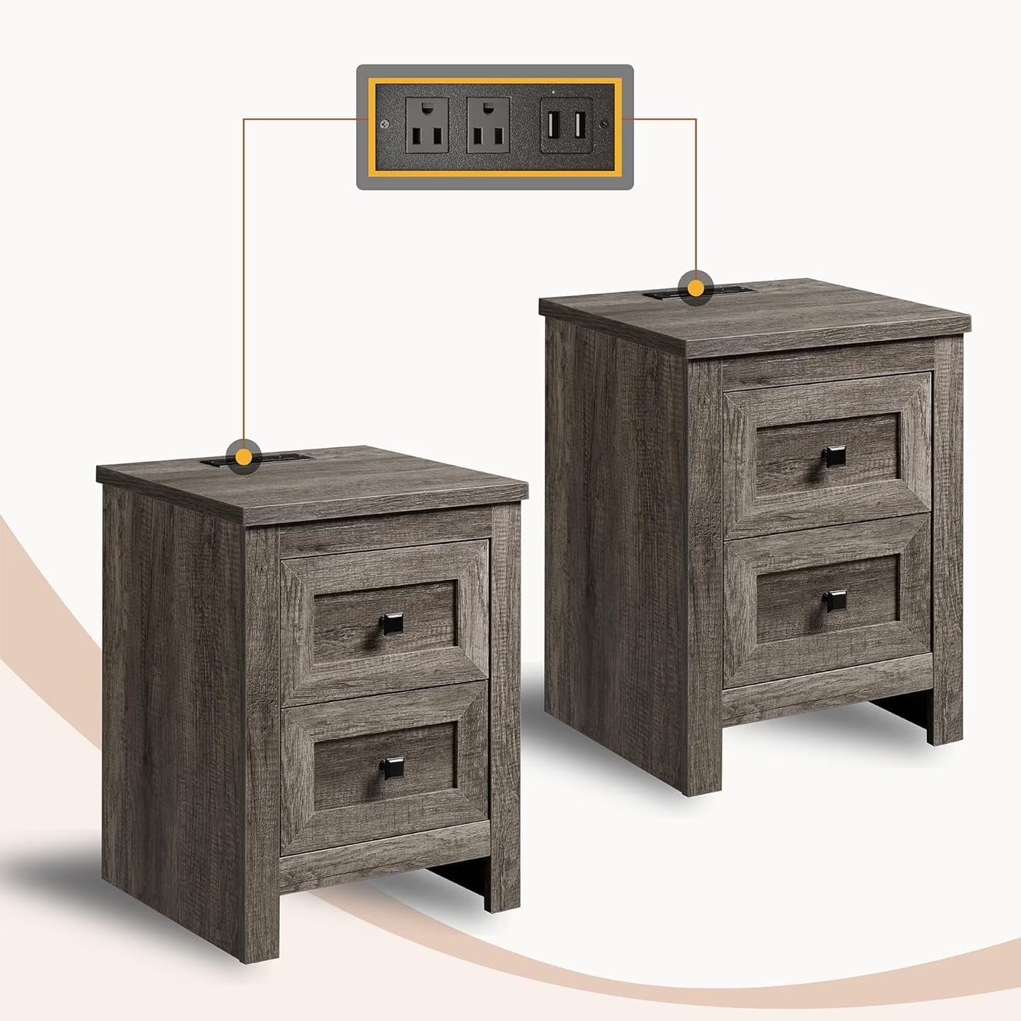Merluxy Nightstand Set of 2 with Charging Station, Farmhouse Wood Bedside Table