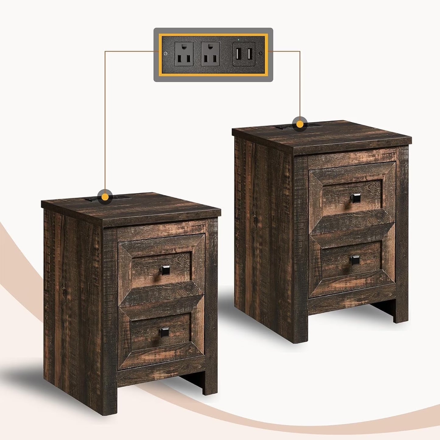 Merluxy Nightstand Set of 2 with Charging Station, Farmhouse Wood Bedside Table