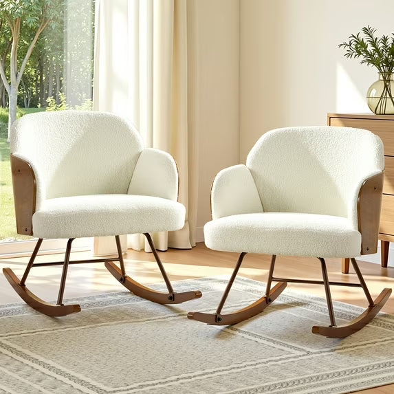 Merluxy Nursery Rocking Chair for Living Room,Bentwood Frame and Teddy Upholstered,White