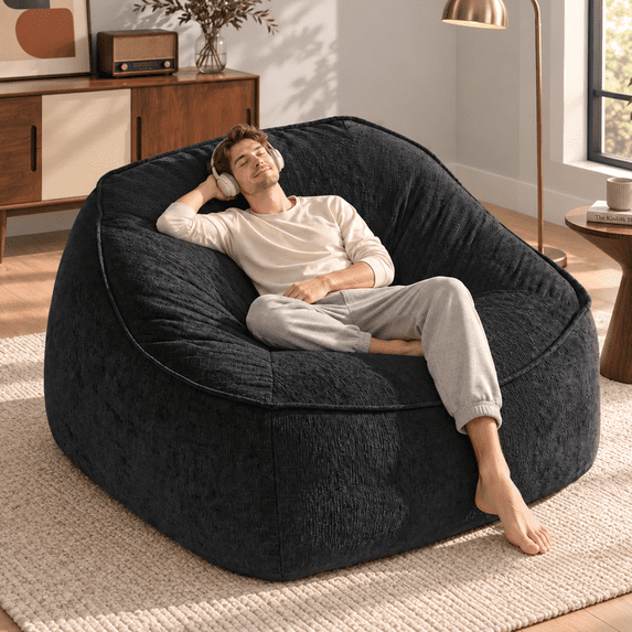 Merluxy 3.8 ft Bean Bag Chair for Adults, Oversized Couch, Chenille Black for Classroom and Dorm