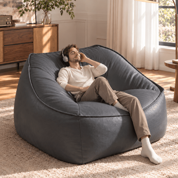 Merluxy Oversized Bean Bag Chair for Adult, Faux Leather Lounge Sofa, Gray, 45.5" Leather Comfy Sofa with Memory Supportive Foam Filling