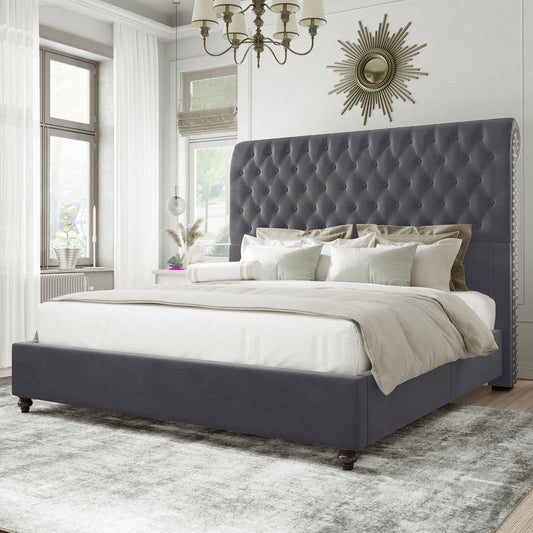 Merluxy Queen Bed Frame Sleigh Headboard Velvet Tufted Gray