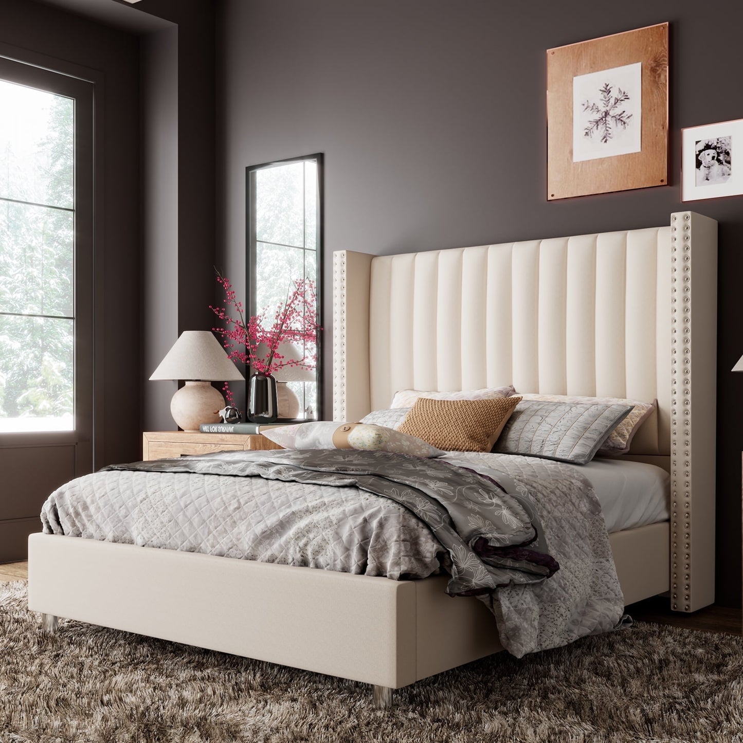 Merluxy Bed Frame and Headboard Upholstered Wingback Bed
