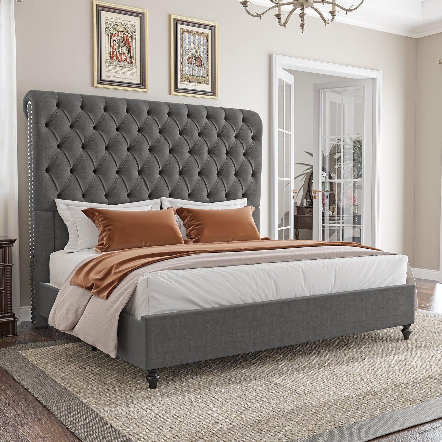 VanAcc Velvet Upholstered Platform Bed Frame with Deep Button Tufted Tall Sleigh Headboard