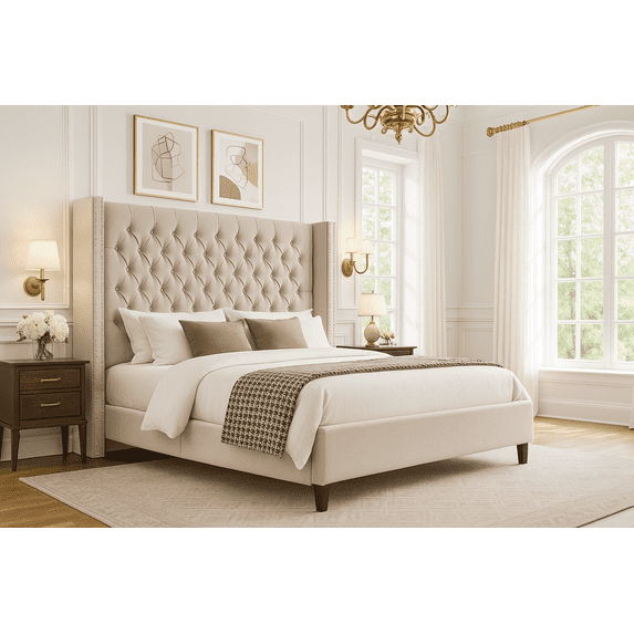 Merluxy Bed Frame with Deep Button Tufted and Velvet Wingback Headboard,No Box Spring Needed