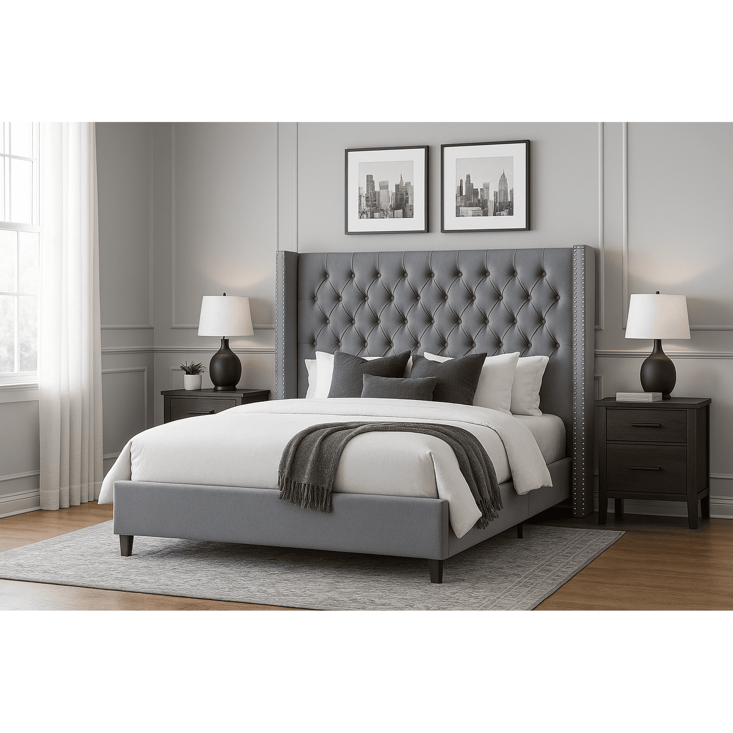 Merluxy Bed Frame with Deep Button Tufted and Velvet Wingback Headboard,No Box Spring Needed