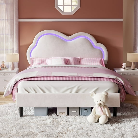 Merluxy Bed Frame with LED Light,Adjustable Cloud Headboard,No Box Spring Needed