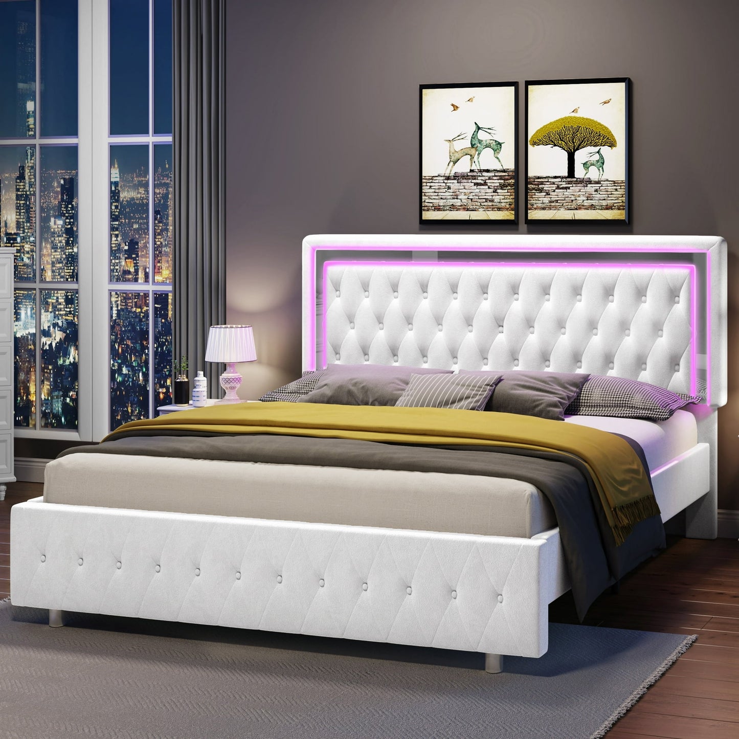 Merluxy Bed Frame with Led Lights Headboard,Acrylic Mirror Accents,No Box Spring Needed