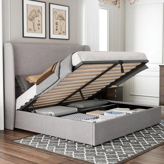 Merluxy Queen Bed Frame with Lift Up Storage,Linen Upholstered Platform Bed/ Wingback Headboard/No Box Spring Needed/Light gray
