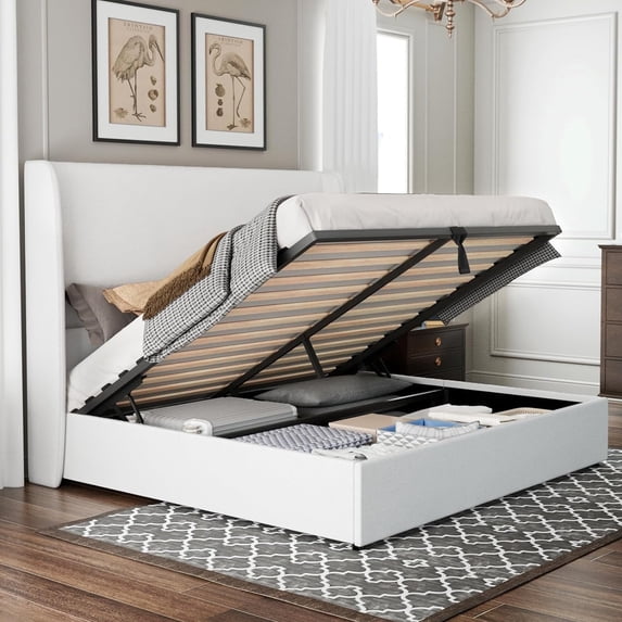 Merluxy Bed Frame with Lift Up Storage and Linen Upholstered/Wingback Headboard