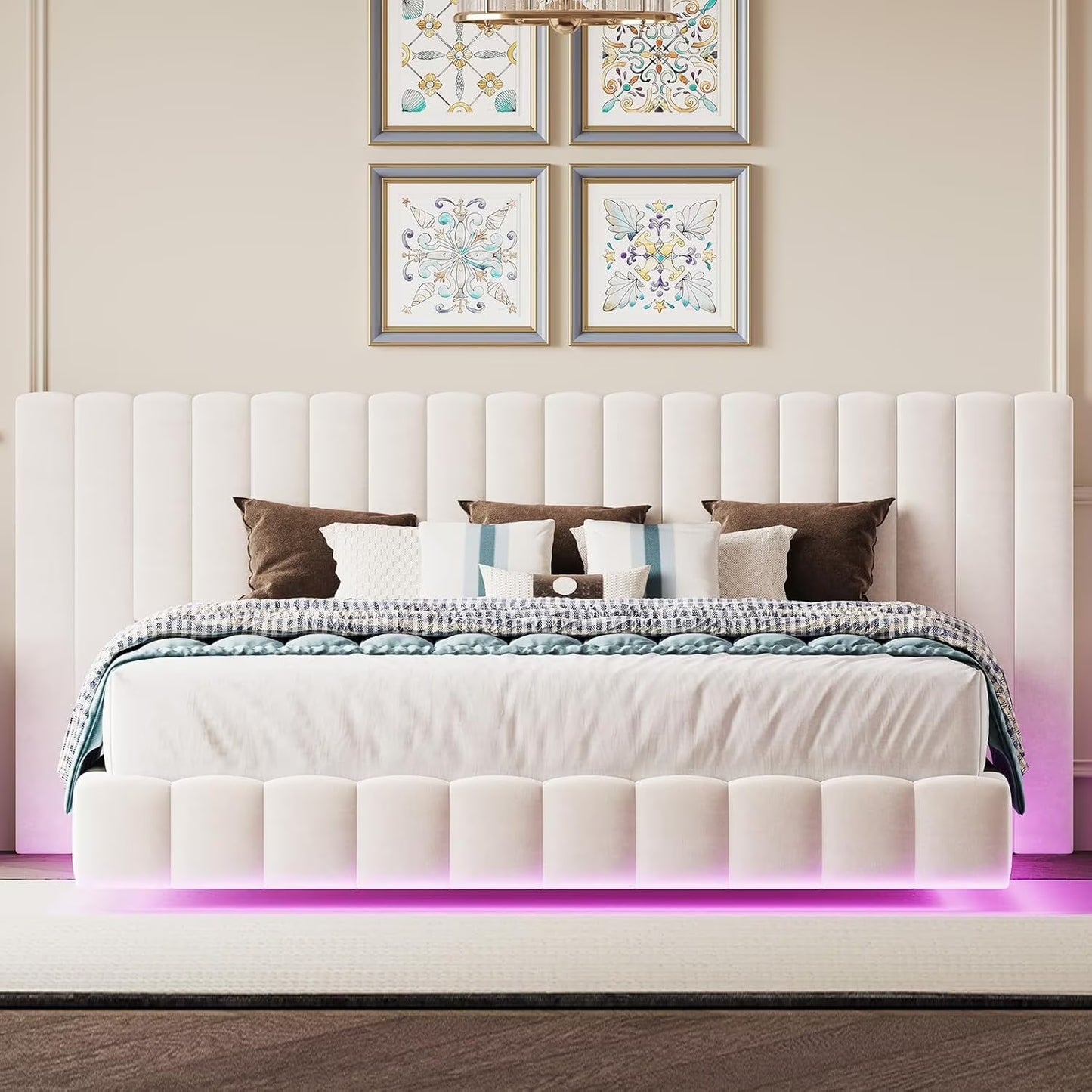 Merluxy Bed Frame with Oversized Headboard, Floating Design, RGB LED Lights, No Box Spring Needed, Velvet