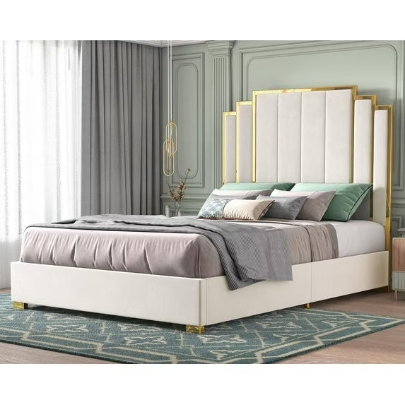 Merluxy Bed Frame and 61" Headboard, Upholstered Bed with Golden Plating Trim, Modern Platform Bed No Box Spring Needed